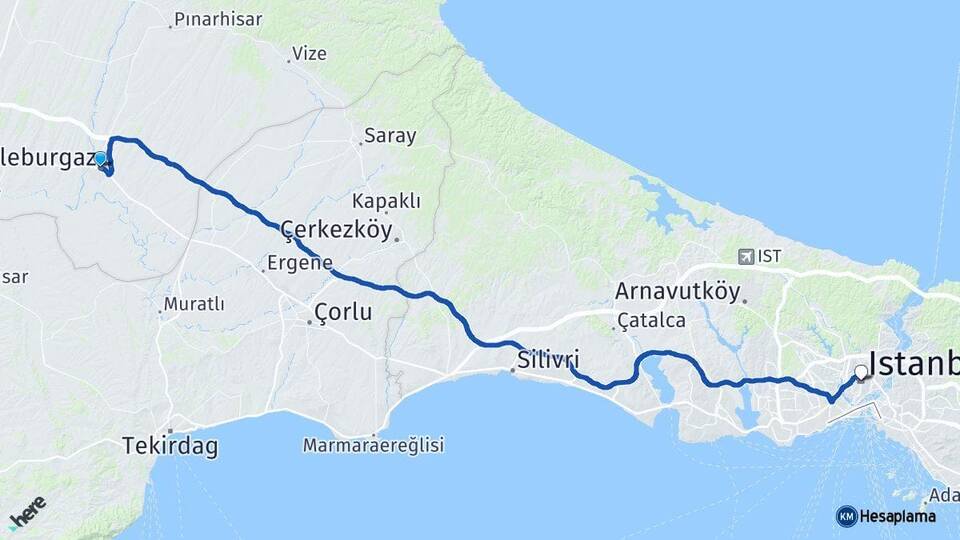 Kırklareli Lüleburgaz İstanbul Arası Kaç Km - Yol Haritası