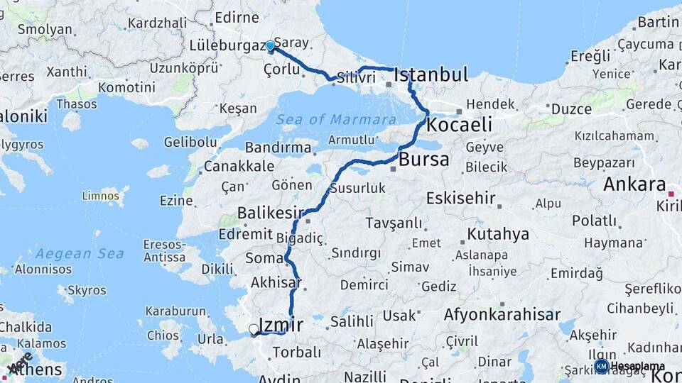 Kırklareli Lüleburgaz İzmir Arası Kaç Km - Yol Haritası