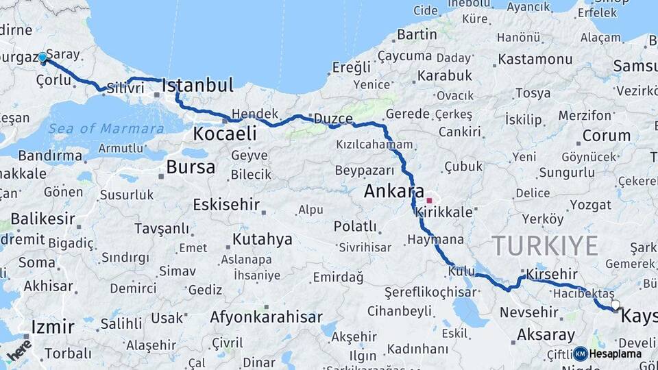 Kırklareli Lüleburgaz Kayseri Arası Kaç Km - Yol Haritası