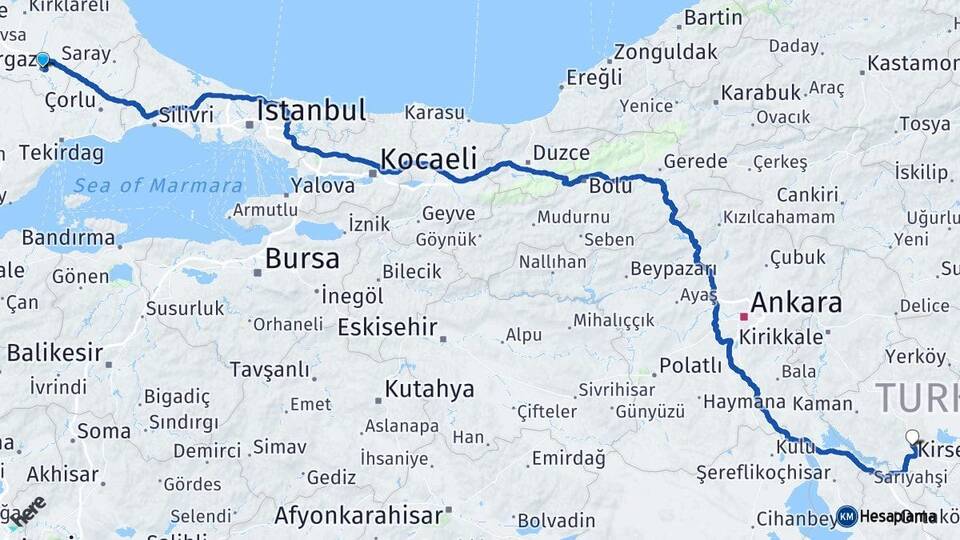 Kırklareli Lüleburgaz Kırşehir Arası Kaç Km - Yol Haritası