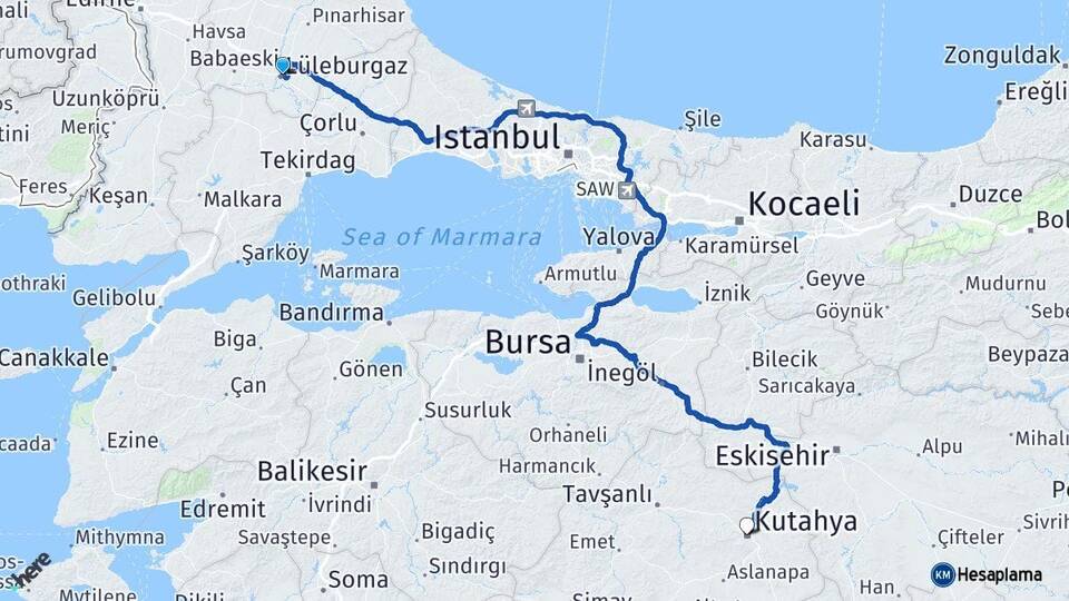 Kırklareli Lüleburgaz Kütahya Arası Kaç Km - Yol Haritası
