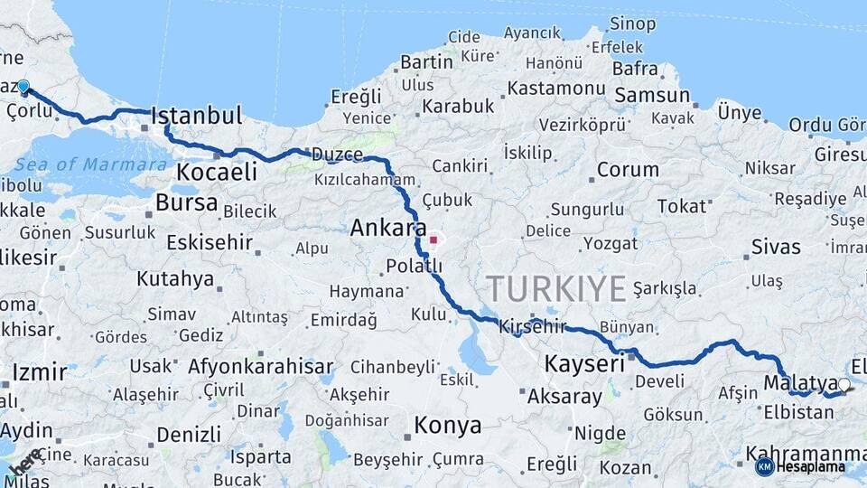 Kırklareli Lüleburgaz Malatya Arası Kaç Km - Yol Haritası