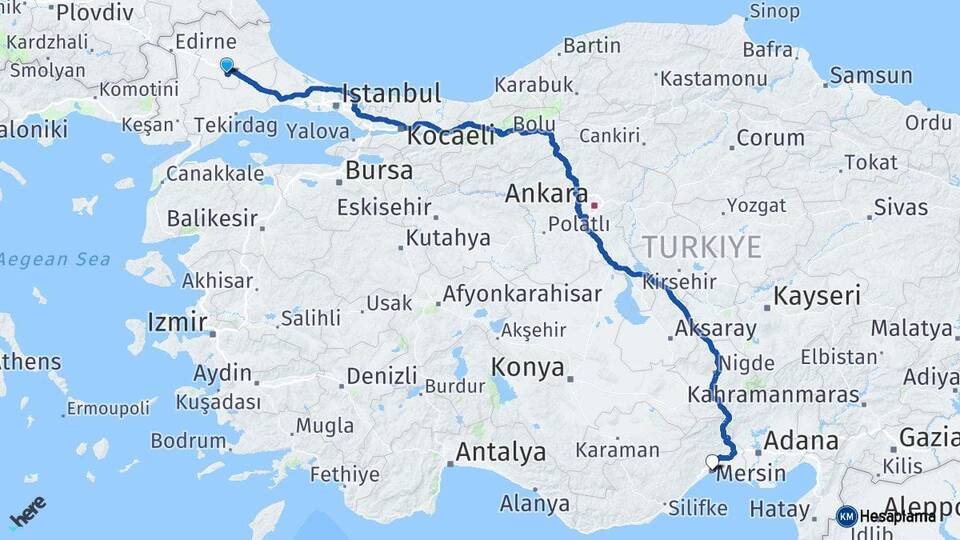 Kırklareli Lüleburgaz Mersin Arası Kaç Km - Yol Haritası