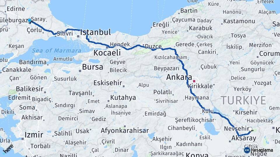 Kırklareli Lüleburgaz Nevşehir Arası Kaç Km - Yol Haritası
