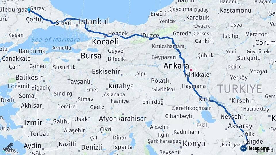 Kırklareli Lüleburgaz Niğde Arası Kaç Km - Yol Haritası