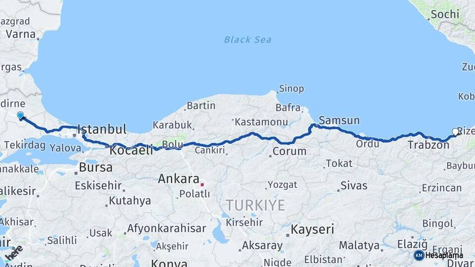 Kırklareli Lüleburgaz Rize Arası Kaç Km - Yol Haritası