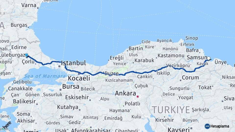 Kırklareli Lüleburgaz Samsun Arası Kaç Km - Yol Haritası