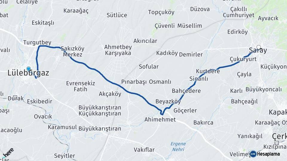 Kırklareli Lüleburgaz Saray Tekirdağ Arası Kaç Km - Yol Haritası