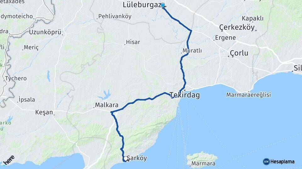 Kırklareli Lüleburgaz Şarköy Tekirdağ Arası Kaç Km - Yol Haritası