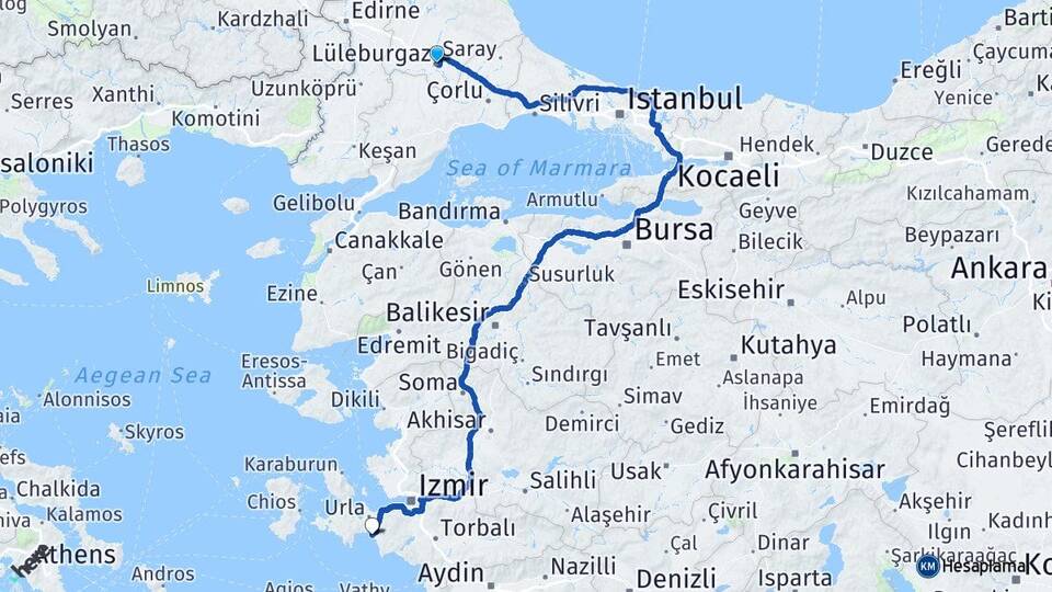 Kırklareli Lüleburgaz Sığacık Seferihisar İzmir Arası Kaç Km - Yol Haritası