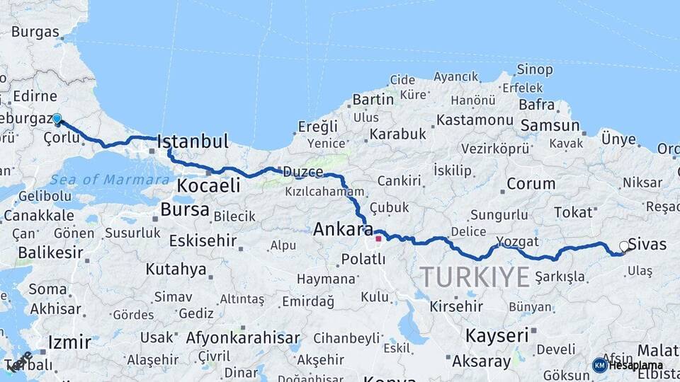 Kırklareli Lüleburgaz Sivas Arası Kaç Km - Yol Haritası