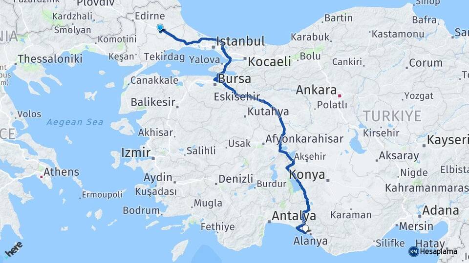 Kırklareli Lüleburgaz Türkler Alanya Antalya Arası Kaç Km - Yol Haritası
