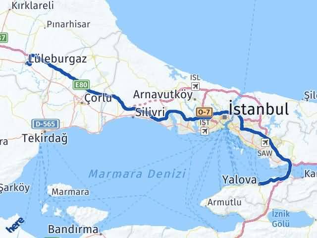 Kırklareli Lüleburgaz Yalova Arası Kaç Km - Yol Haritası