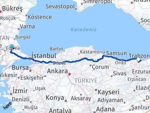 Kırklareli Maçka Trabzon Arası Kaç Km - Yol Haritası