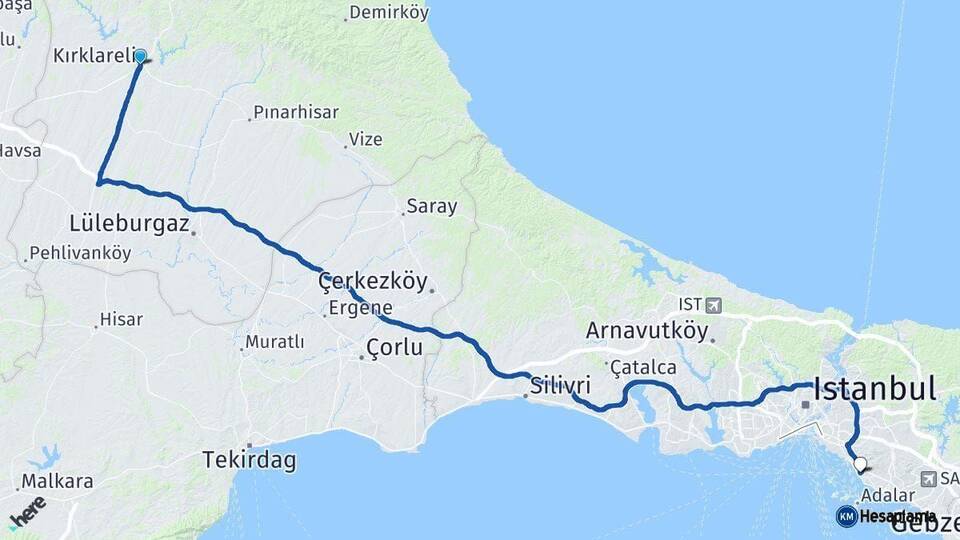 Kırklareli Maltepe İstanbul Arası Kaç Km - Yol Haritası