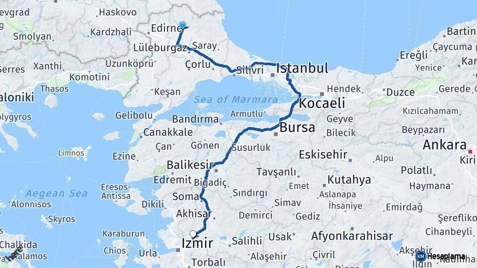 Kırklareli Manisa Arası Kaç Km - Yol Haritası