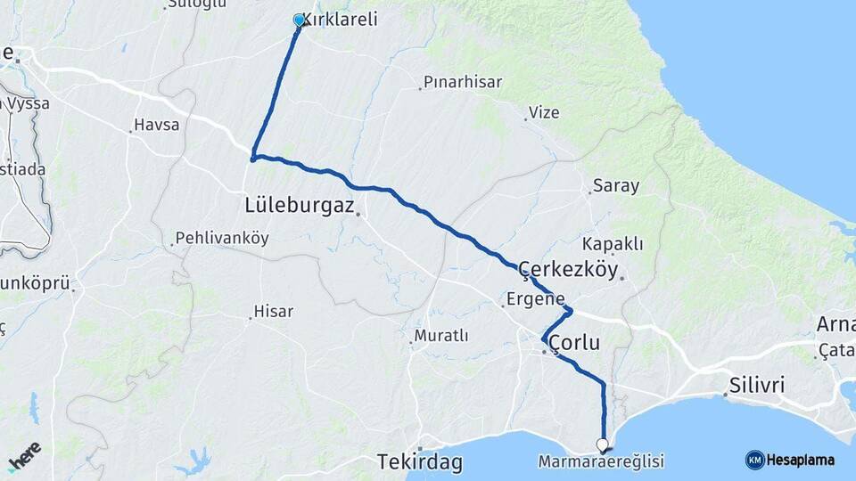 Kırklareli Marmaraereğlisi Tekirdağ Arası Kaç Km - Yol Haritası
