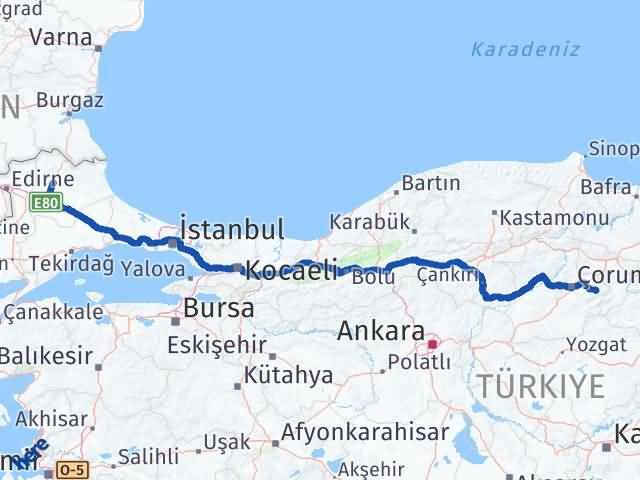 Kırklareli Mecitözü Çorum Arası Kaç Km - Yol Haritası