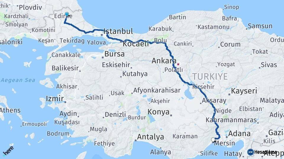 Kırklareli Mersin Arası Kaç Km - Yol Haritası
