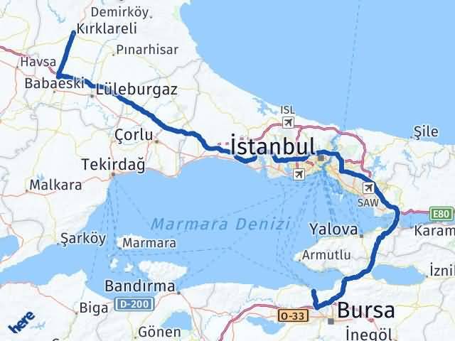 Kırklareli Mudanya Bursa Arası Kaç Km - Yol Haritası
