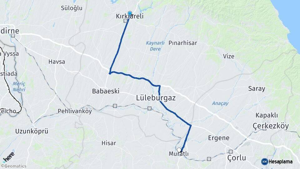 Kırklareli Muratlı Tekirdağ Arası Kaç Km - Yol Haritası