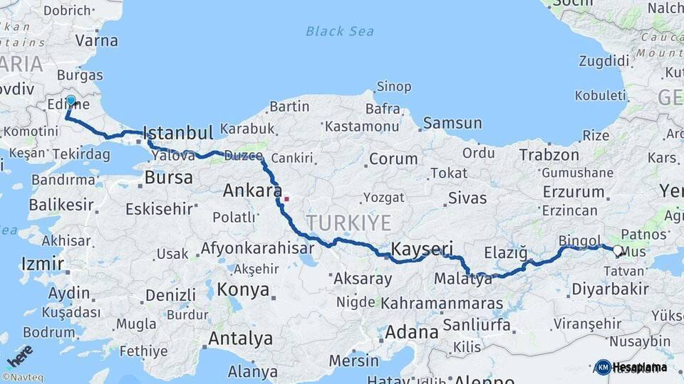 Kırklareli Muş Arası Kaç Km - Yol Haritası