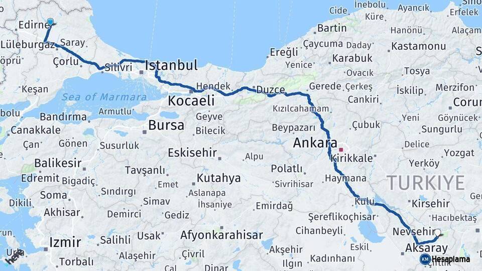 Kırklareli Nevşehir Arası Kaç Km - Yol Haritası