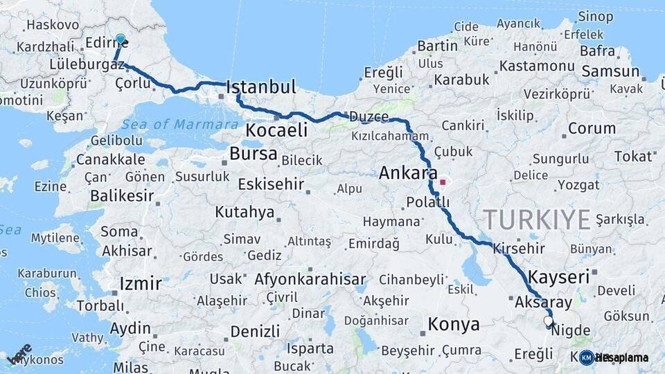 Kırklareli Niğde Arası Kaç Km - Yol Haritası