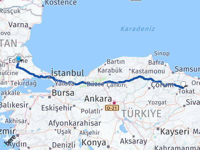 Kırklareli Niksar Tokat Arası Kaç Km - Yol Haritası