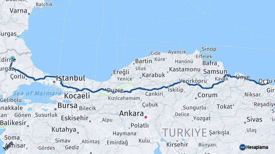 Kırklareli Ordu Arası Kaç Km - Yol Haritası