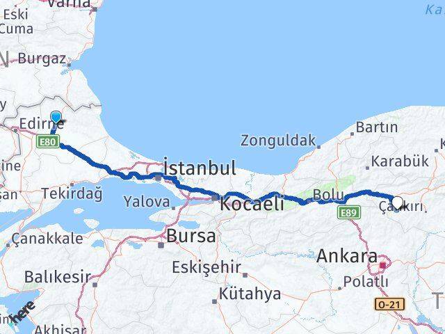 Kırklareli Orta Çankırı Arası Kaç Km - Yol Haritası