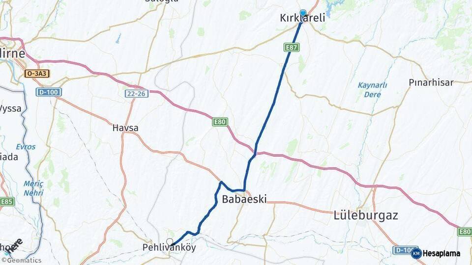 Kırklareli Pehlivanköy Arası Kaç Km - Yol Haritası