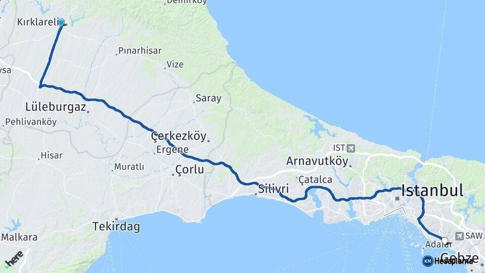 Kırklareli Pendik İstanbul Arası Kaç Km - Yol Haritası