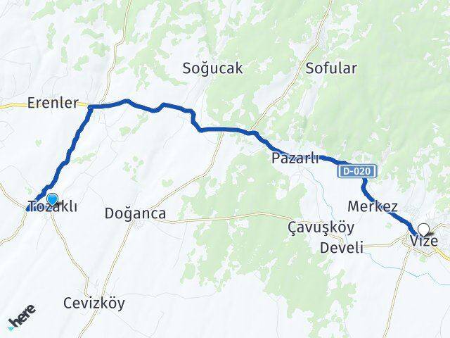 Tozaklı Vize Arası Kaç Km - Yol Tarifi