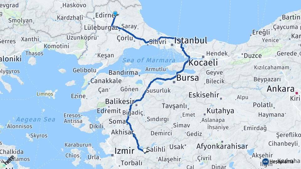 Kırklareli Salihli Manisa Arası Kaç Km - Yol Haritası