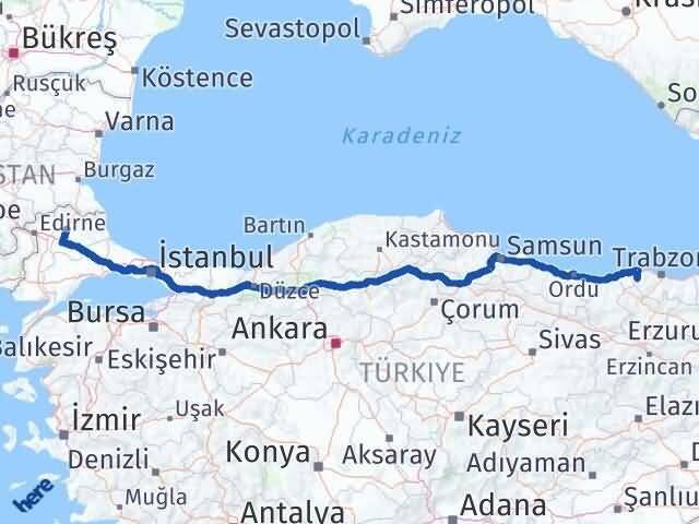 Kırklareli Şalpazarı Trabzon Arası Kaç Km - Yol Haritası