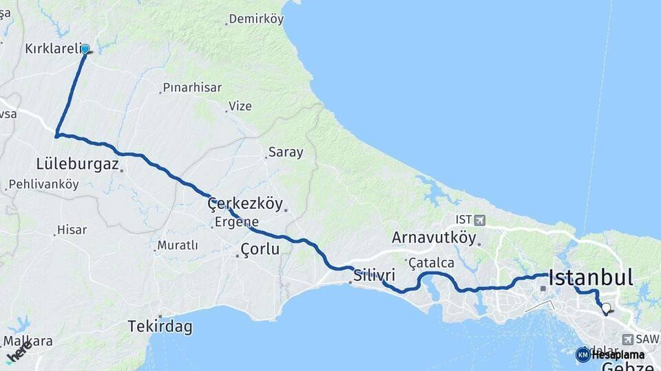 Kırklareli Sancaktepe İstanbul Arası Kaç Km - Yol Haritası