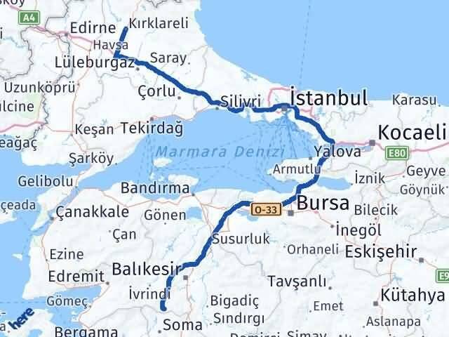 Kırklareli Savaştepe Balıkesir Arası Kaç Km - Yol Haritası