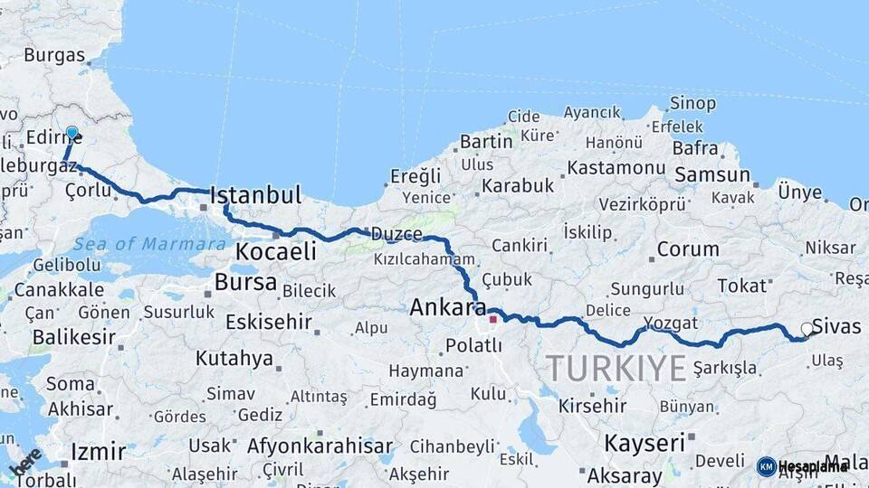 Kırklareli Sivas Arası Kaç Km - Yol Haritası