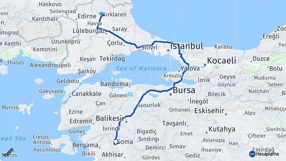 Kırklareli Soma Manisa Arası Kaç Km - Yol Haritası
