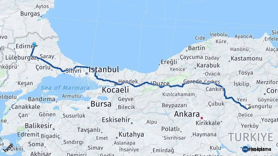 Kırklareli Sungurlu Çorum Arası Kaç Km - Yol Haritası