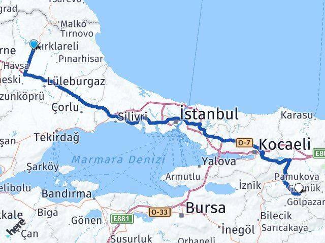 Kırklareli Taraklı Sakarya Arası Kaç Km - Yol Haritası