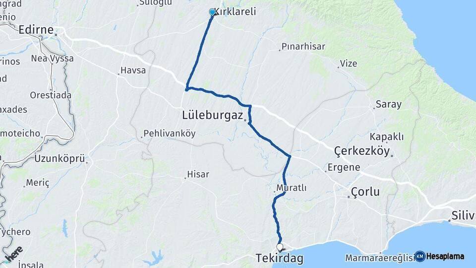 Kırklareli Tekirdağ Arası Kaç Km - Yol Haritası
