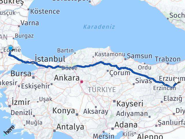 Kırklareli Tercan Erzincan Arası Kaç Km - Yol Haritası