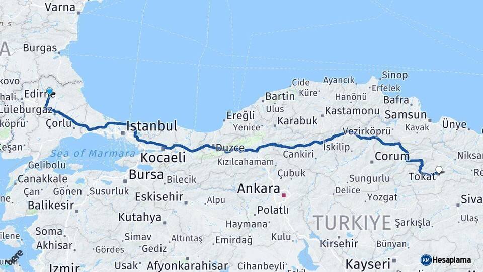 Kırklareli Tokat Arası Kaç Km - Yol Haritası