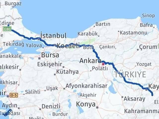 Kırklareli Tomarza Kayseri Arası Kaç Km - Yol Haritası