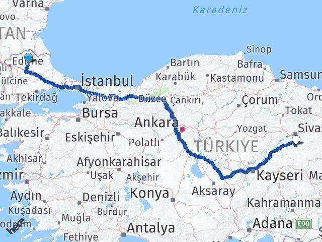 Kırklareli Ulaş Sivas Arası Kaç Km - Yol Haritası