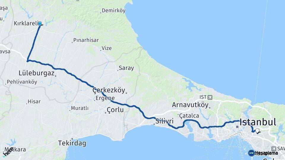 Kırklareli Ümraniye İstanbul Arası Kaç Km - Yol Haritası