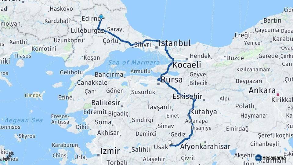 Kırklareli Uşak Arası Kaç Km - Yol Haritası
