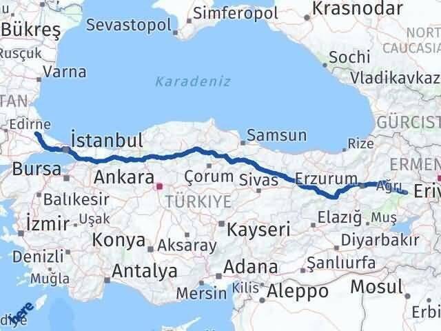 Kırklareli Vize Ağrı Arası Kaç Km - Yol Haritası